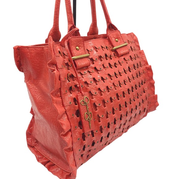 New Jessica Simpson Ruffle Purse Vegan Leather Handbag Red w/ Crossbody Strap - Picture 8 of 11